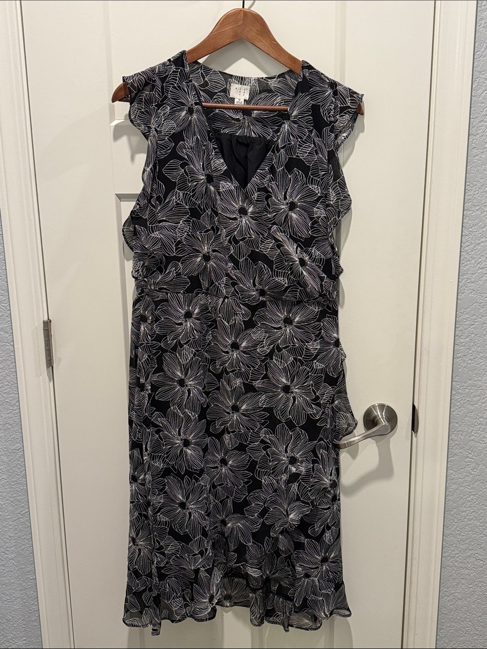 A New Day Black Floral Faux Wrap Midi Dress